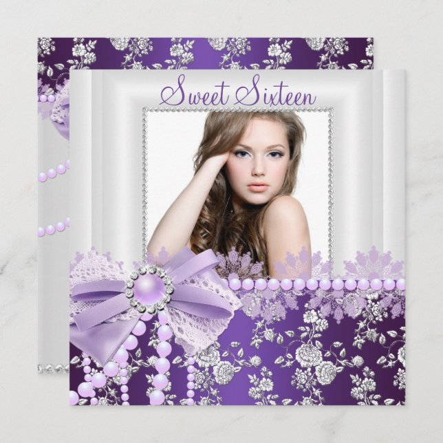 Pearl Bow & Lace Purple Photo Sweet 16 Invitation (Front/Back)