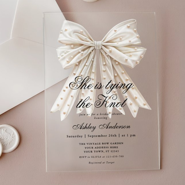 Pearl Bow She's Tying the Knot Bridal Shower Acrylic Invitations (Creator Uploaded)