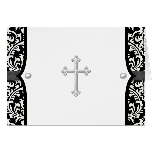 Pearl Cross and Black Damask Thank You Cards (Front Horizontal)