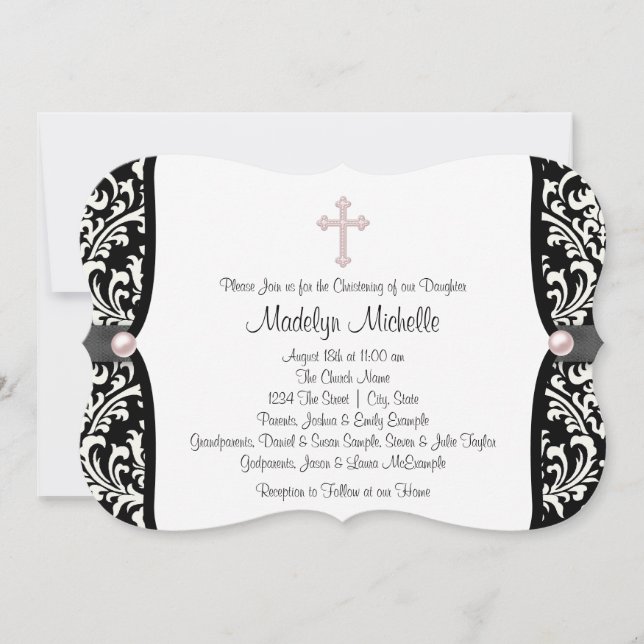 Pearl Cross Pink Black Damask Christening Invitation (Front)