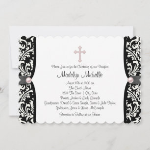 Pearl Cross Pink Black Damask Christening Invitation