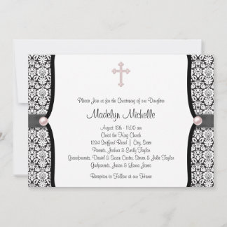 Pearl Cross Pink Black Damask Christening Invitation