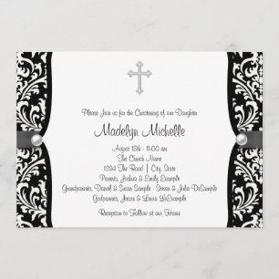 Pearl Cross White and Black Damask Christening Invitation