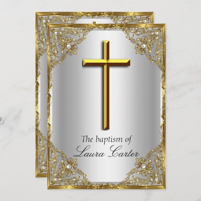 Pearl Damask Cross Baptism Silver Gold Invitation (Front/Back)
