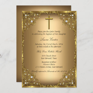 Pearl Damask Cross Gold Baptism/Christening Invitation