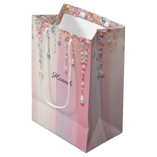 Pearl Dangles and Pastel Stripes Medium Gift Bag (Front Angled)