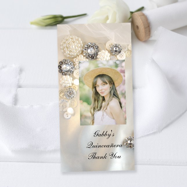 Pearl Diamond Buttons Quineañera Thank You Card (Creator Uploaded)