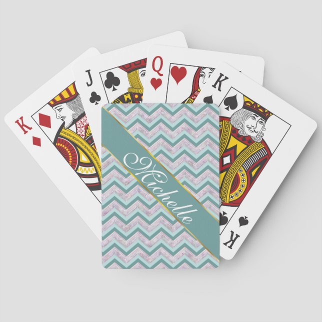 Pearl Floral Teal ZigZag Pattern Playing Cards (Back)