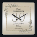 Pearl Gem & Glitter 30th Wedding Anniversary   Square Wall Clock<br><div class="desc">Glamourous and elegant posh 30th Pearl Wedding Anniversary wall clock with stylish pearl gem stone jewels corner decorations and matching coloured glitter border frame. A romantic design for your celebration. All text, font and font colour is fully customisable to meet your requirements. If you would like help to customise your...</div>