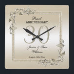 Pearl Gem & Glitter 30th Wedding Anniversary   Square Wall Clock<br><div class="desc">Glamourous and elegant posh 30th Pearl Wedding Anniversary wall clock with stylish pearl gem stone jewels corner decorations and matching coloured glitter border frame. A romantic design for your celebration. All text, font and font colour is fully customisable to meet your requirements. If you would like help to customise your...</div>