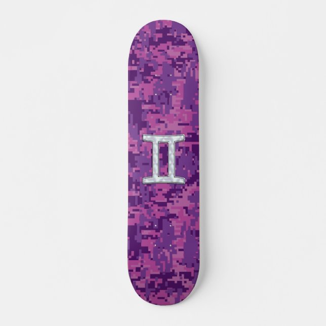 Pearl Gemini Zodiac Symbol on Digital Camouflage Skateboard (Front)