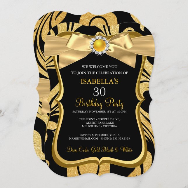 Pearl Gold Bow Black Damask Birthday Invite (Front/Back)