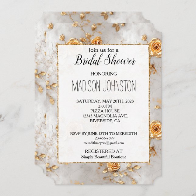 Pearl Gold Floral Wedding Bridal Shower Invitation (Front/Back)