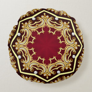 Pearl Gold Frame Illustration Background Round Cushion