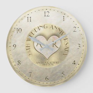 Pearl Gold Heart Monogram Wedding Anniversary Large Clock
