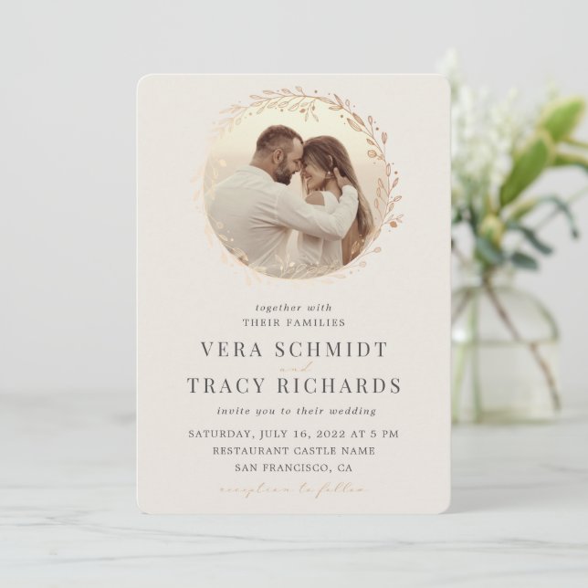 Pearl & Gold Leaf All in One Rsvp Photo Wedding In Invitation (Standing Front)