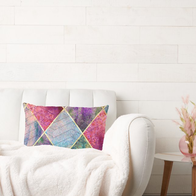 Pearl Harlequin Herringbone Trippy Hippie Rainbow Lumbar Cushion (Couch)