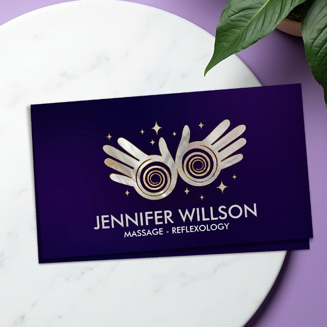 Pearl Healing Hands Energy Spiral on violet Business Card (Creator Uploaded)