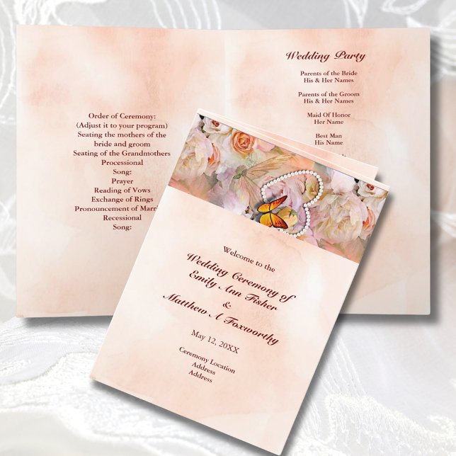 Pearl Heart Floral Rose Butterfly Folded Wedding Program (Pearl Heart Floral Rose Butterfly Folded Wedding Program)
