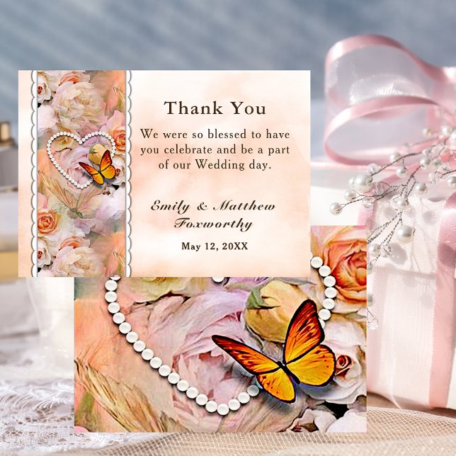 Pearl Heart Orange Pink Roses Butterfly Wedding Thank You Card (Pearl Heart Orange Pink Roses Butterfly Wedding Thank You Card)