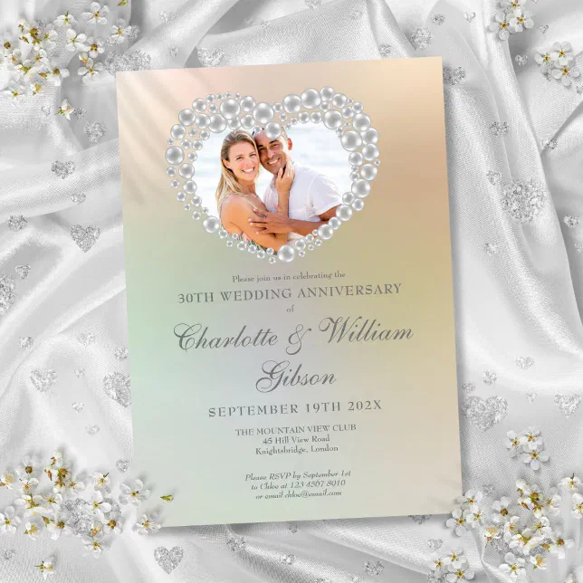 Pearl Heart Photo 30th Wedding Anniversary Invitation | Zazzle