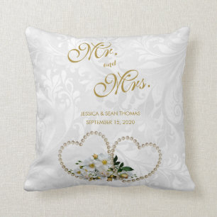 Pearl Hearts & Flowers Damask Wedding Cushion