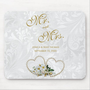 Pearl Hearts & Flowers Damask Wedding Day Memory Mouse Pad