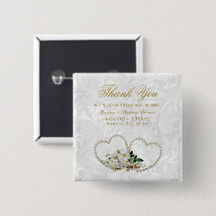 Pearl Hearts & Flowers Damask Wedding Favour 15 Cm Square Badge