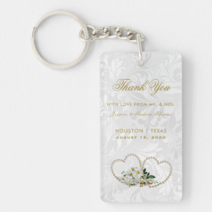 Pearl Hearts & Flowers Damask Wedding Favour Key Ring