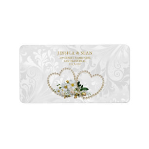 Pearl Hearts &  Flowers Damask Wedding Label