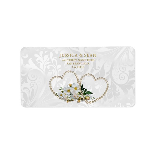 Pearl Hearts &  Flowers Damask Wedding Label (Front)