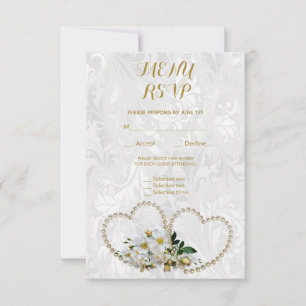 Pearl Hearts & Flowers Damask Wedding Menu RSVP