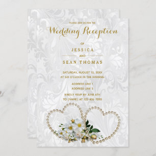 Pearl Hearts & Flowers Damask Wedding Reception Invitation