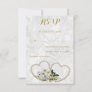 Pearl Hearts & Flowers Damask Wedding RSVP Card