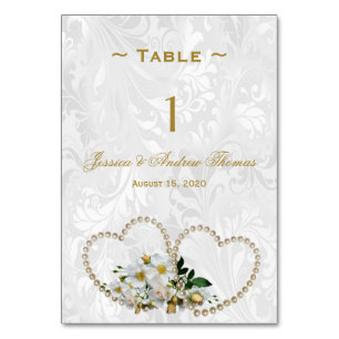 Pearl Hearts & Flowers Damask Wedding Table Number
