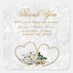 Pearl Hearts & Flowers Damask Wedding Thank You Square Sticker