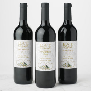 Pearl Hearts & Flowers Damask Wedding Wine Label