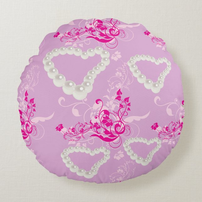 Pearl Hearts Pink Floral Swirl Mauve Throw Pillow (Front)