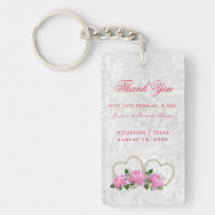 Pearl Hearts & Roses Damask Wedding Favour Key Ring