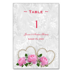 Pearl Hearts & Roses Damask Wedding Table Number