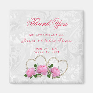Pearl Hearts & Roses Damask Wedding Thank You Magnet