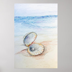 Pearl In Clam Shell Ocean Beach Waves Poster