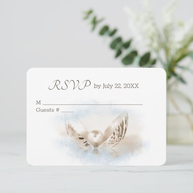Pearl In Seashell RSVP Wedding Card (Standing Front)