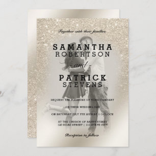 pearl ivory glitter ombre metallic photo wedding invitation