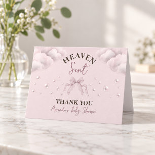 Pearl Lace Bow Pink Girl Heaven Sent Baby Shower Thank You Card