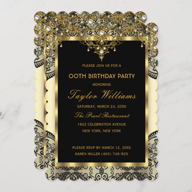 Pearl Lace Gold Cream Glamour Birthday Party Invitation (Front/Back)