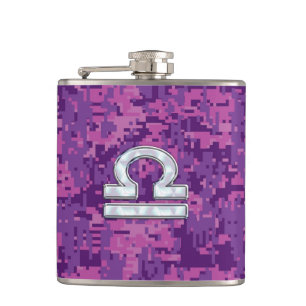 Pearl Libra Zodiac Sign on Fuchsia Digital Camo Hip Flask