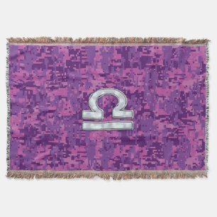 Pearl Libra Zodiac Sign on Fuchsia Digital Camo Throw Blanket