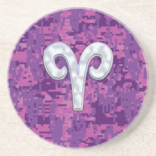 Pearl Like Aries Symbol on Pink Digital Camo Coaster
