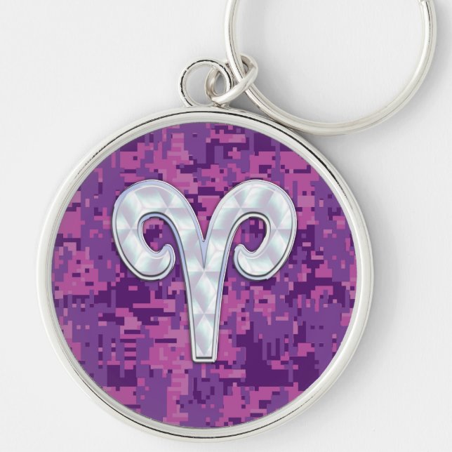 Pearl Like Aries Symbol on Pink Digital Camo Key Ring (Front)